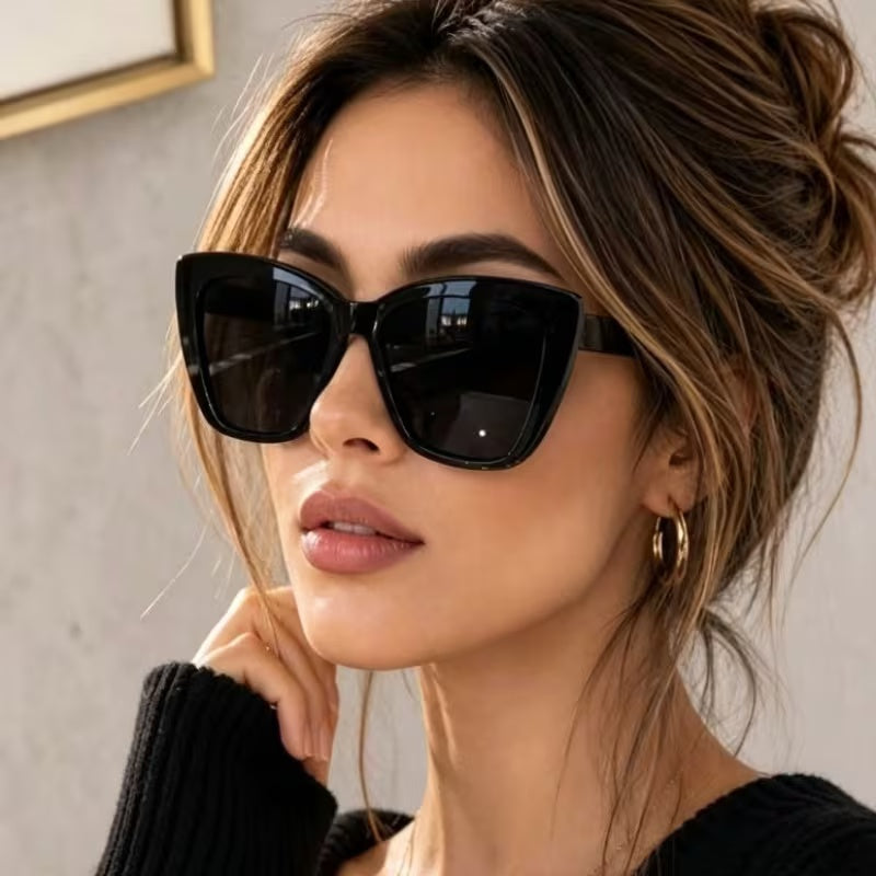 Black Glossy Cat‑Eye Square Sunglasses, Women Fashion UV Protection Oversized Shades for Outdoor Daily Wear