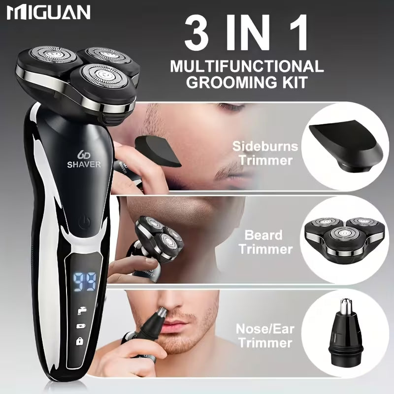 6D Electric Shaver for Men, 3 in 1 Rechargeable Rotary Shaver with Digital Display, Multifunctional Grooming Kit for Beard, Sideburn & Nose Hair Trimming