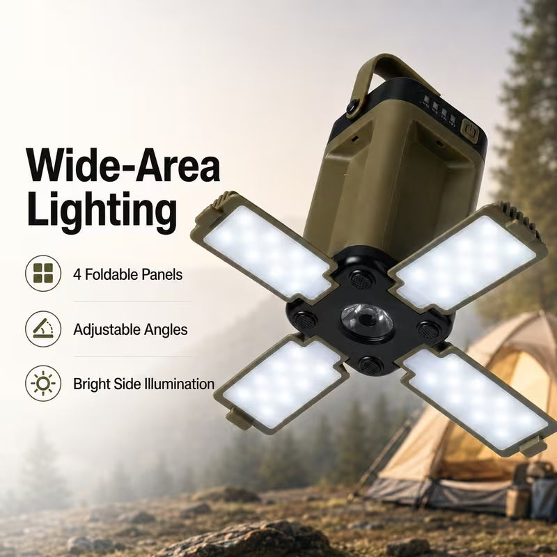 Solar Camping Lantern, 4‑Foldable Panels LED Flood Light, USB & Solar Rechargeable Portable Outdoor Emergency Lamp with Multiple Lighting Modes for Camping, Power Outage