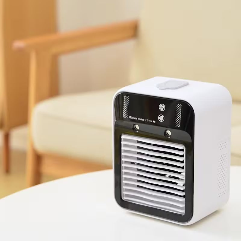 Portable cooling fan with long-lasting battery life and USB-C charging; features 2 speed settings and 2 airflow modes (direct/circulating), plus an integrated cooling function.