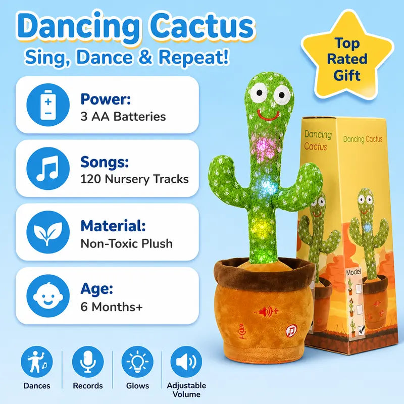 Dancing Cactus Toy | Singing Talking Recording Plush Cactus, Built-in 1099 songs, USB Rechargeable, LED Light Up, Repeat What You Say, Interactive Early Education Toy for Kids 6 Months+, Perfect Gift for Children in Tanzania
