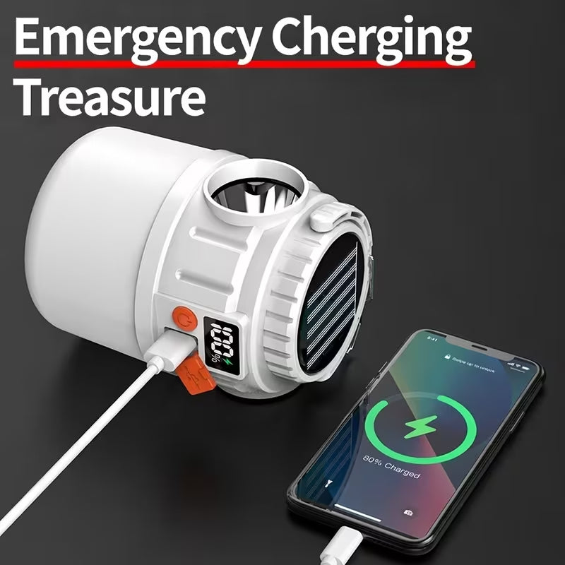 Solar Rechargeable LED Camping Lantern, 5 Light Modes Emergency Light with Power Bank & Digital Battery Display