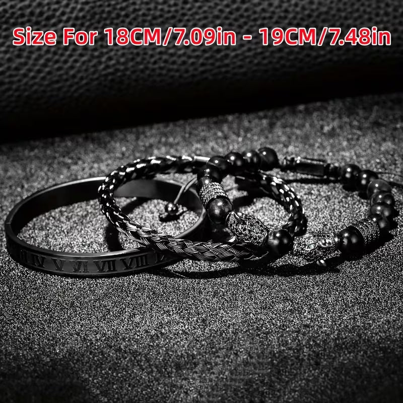 3Pcs Men’s Black Panther Bracelet Set, Roman Numeral Stainless Steel Bangle, Braided Leather & Natural Stone Beaded Bracelets, Adjustable Wrist Jewelry Gift for Men