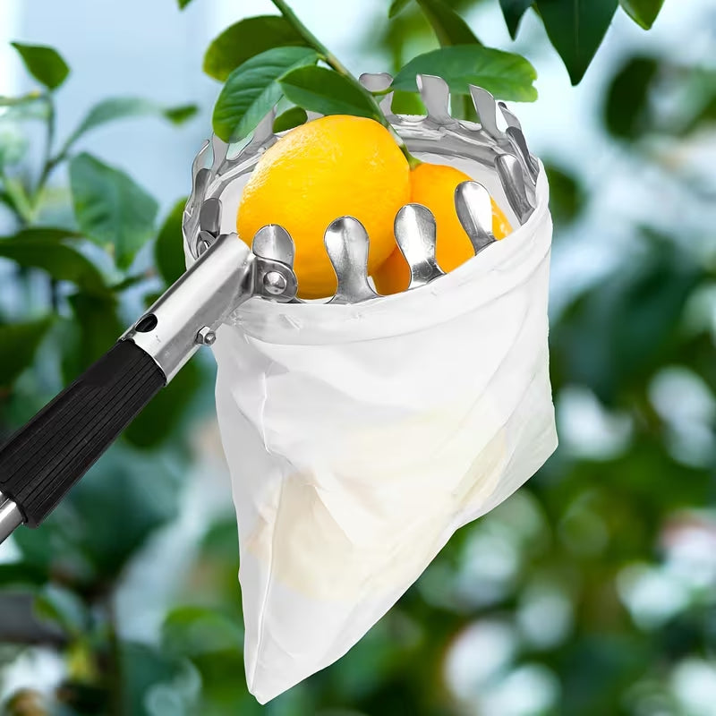 Adjustable Agricultural Fruit Picking Pole with Basket – Lightweight Telescopic Stainless Steel Tool for Apples, Mangoes, Lemons, and Oranges – Large Non-Woven Catching Basket
