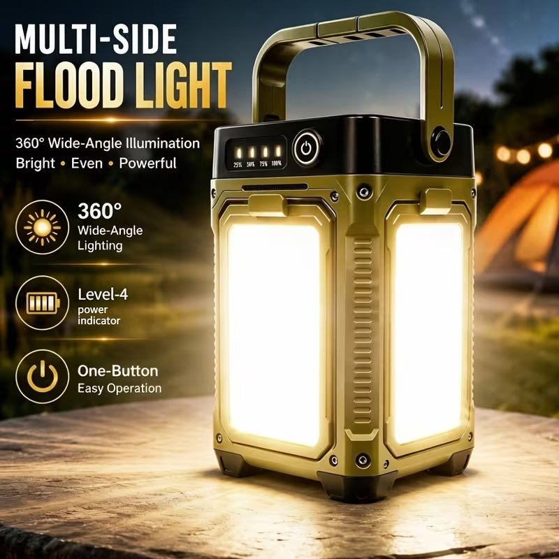 Solar Camping Lantern, 4‑Foldable Panels LED Flood Light, USB & Solar Rechargeable Portable Outdoor Emergency Lamp with Multiple Lighting Modes for Camping, Power Outage