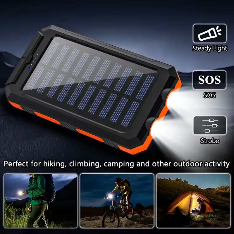 Outdoor Solar Power Bank, IP4 Waterproof Shockproof Portable Charger with Dual LED Flashlight, SOS Strobe Light & Compass, Dual USB Fast Charging, Emergency Power Bank for Camping Hiking Fishing Travel