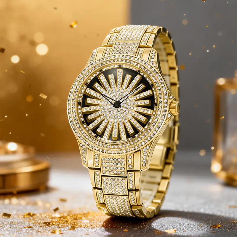 Iced Out Gold Diamond Watch | Luxury Quartz Analog Wristwatch, Sunburst Crystal Dial, Stainless Steel Band, Bling Dress Watch for Men , Perfect Gift for Tanzania