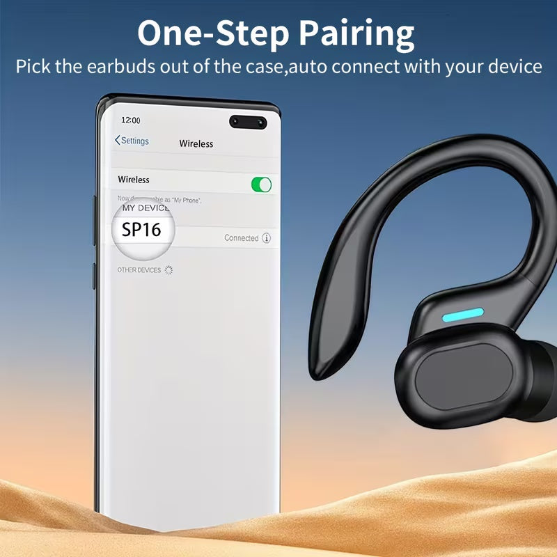 SP16 Wireless Earbuds – Hi-Fi Sound with Flexible Earhooks, One-Step Pairing & Touch Controls