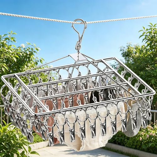 A windproof hanging laundry rack with clips—suitable for clothes, socks, and underwear; a space-saving, multifunctional drying rack for use in homes, bedrooms, and on balconies.
