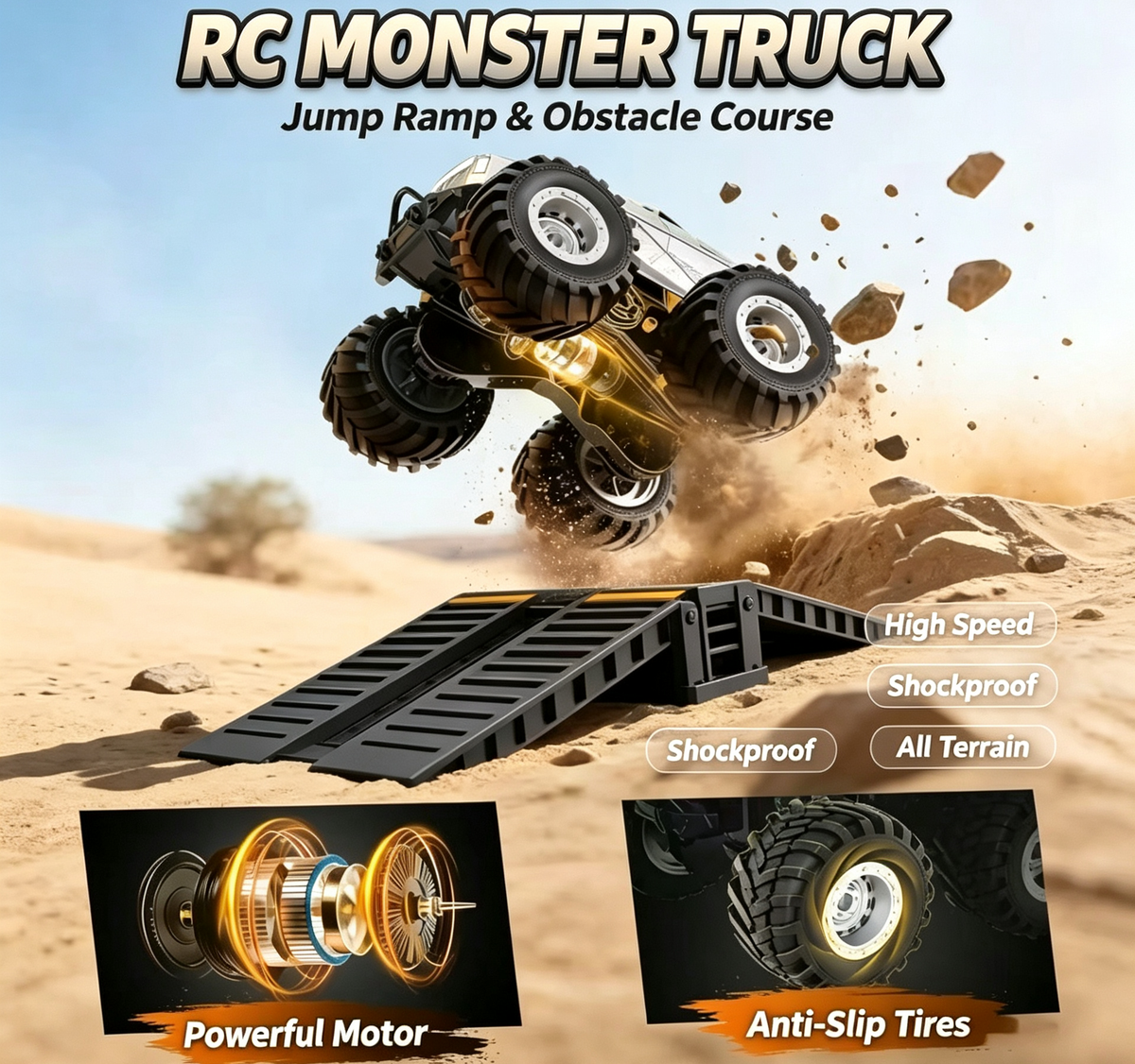 RC Monster Truck Remote Control Car | All Terrain Off‑Road Racing Toy Car, Perfect Gift for Boys Kids