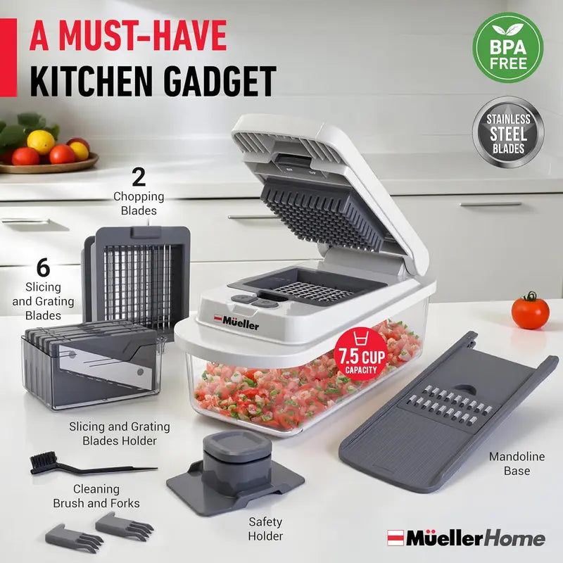 MuellerHome Vegetable Chopper, 12 in 1 Multi-functional Mandoline Slicer, Onion Dicer, Fruit Grater & Shredder with Storage Container for Kitchen