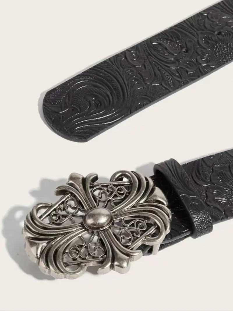 Boho-style faux leather Western-textured cowboy belt featuring a cross buckle and Gothic flair; a unisex accessory suitable for pairing with jeans and casual wear.