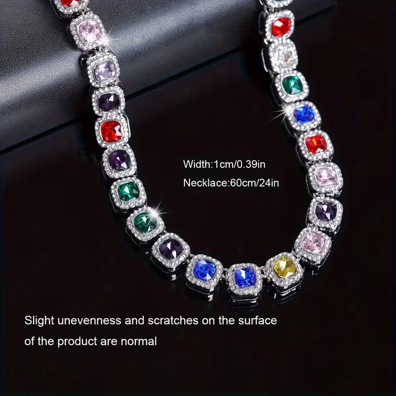 Multicolor Square Halo CZ Tennis Necklace, Iced Out Rainbow Gem Unisex Hip Hop Chain