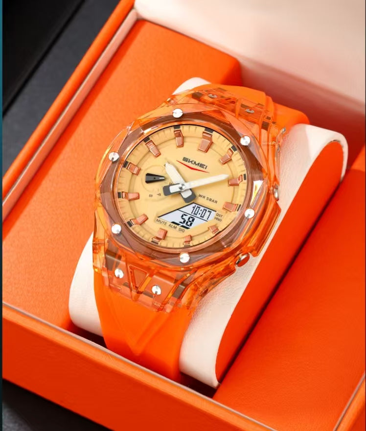 SKMEI 2411 Men’s Analog-Digital Sport Watch, Transparent Orange PC Case, 5ATM Waterproof, Multi-Function World Time Wrist Watch with Silicone Band
