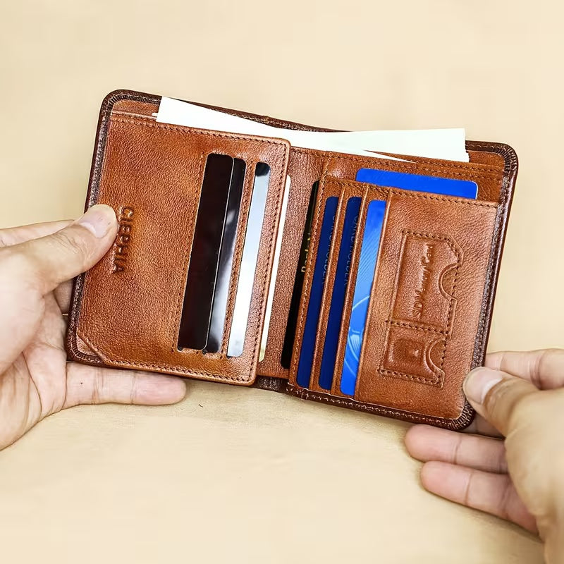 CIEPHA Premium Genuine Cowhide Leather Trifold Wallet – RFID Blocking, 9 Card Slots, 2 ID Windows & Cash Pockets (Brown)