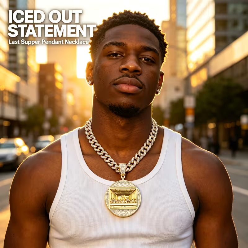 Iced Out Last Supper Pendant Necklace for Men, Gold Plated Rhinestone Cuban Link Chain, Luxe Hip Hop Faith Statement Jewelry