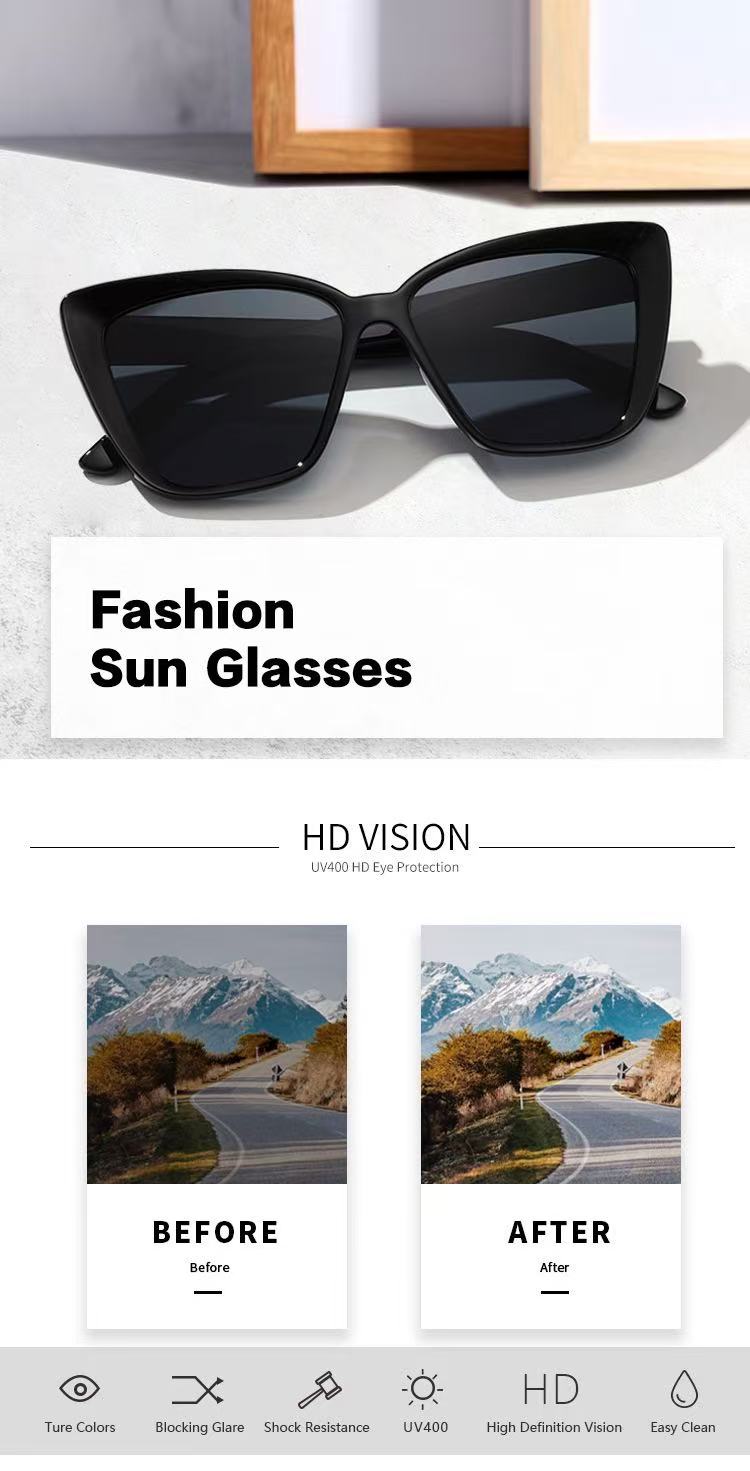 Black Glossy Cat‑Eye Square Sunglasses, Women Fashion UV Protection Oversized Shades for Outdoor Daily Wear