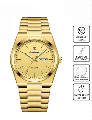 POEDAGAR SSS Gold Men's Quartz Watch, Waterproof Scratch Resistant Stainless Steel Wrist Watch with Day Date Display, Business Luxury Dress Watch for Men