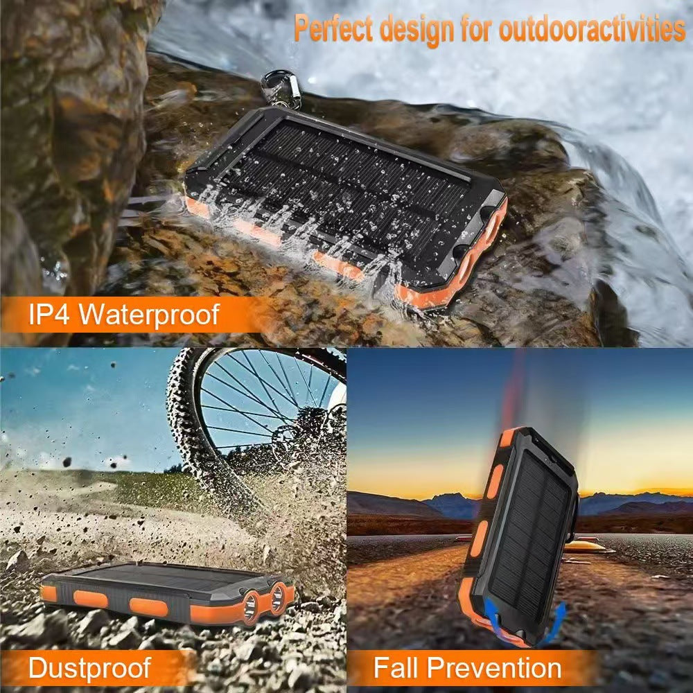 Outdoor Solar Power Bank, IP4 Waterproof Shockproof Portable Charger with Dual LED Flashlight, SOS Strobe Light & Compass, Dual USB Fast Charging, Emergency Power Bank for Camping Hiking Fishing Travel