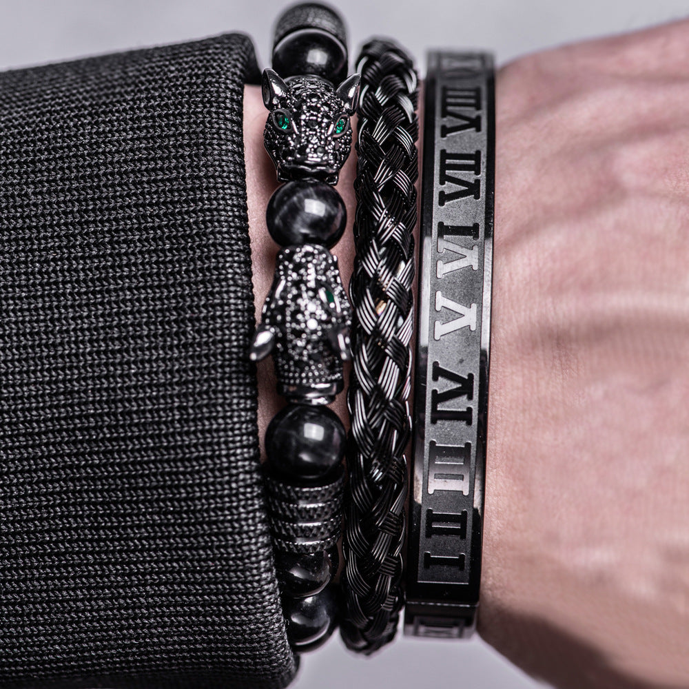 3Pcs Men’s Black Panther Bracelet Set, Roman Numeral Stainless Steel Bangle, Braided Leather & Natural Stone Beaded Bracelets, Adjustable Wrist Jewelry Gift for Men