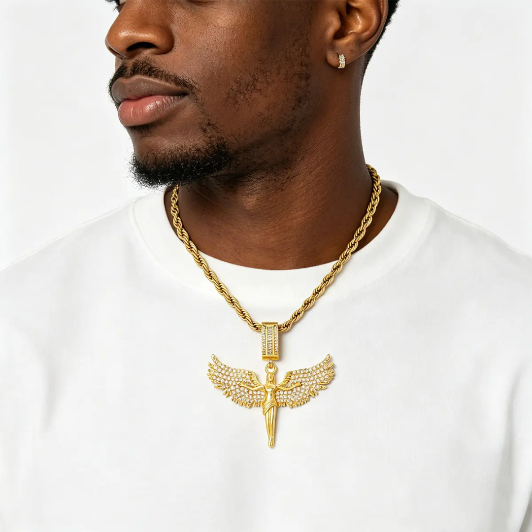 Artificial Zircon Angel Pendant Necklace with Stainless Steel Chain, Men  Punk Style Jewelry, Fashion Vintage Accessory for Daily Wear or Party, Celestial Pendant Necklace, Jewellery Pendant, Zircon Gemstone Necklace