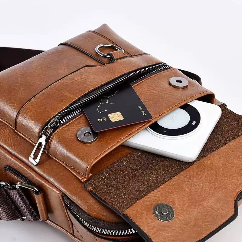 New men's genuine leather sling backpack—a high-capacity commuter bag featuring vintage street style, an adjustable strap, and durable cowhide; suitable for business travel and daily use, and a perfect gift for Father's Day.