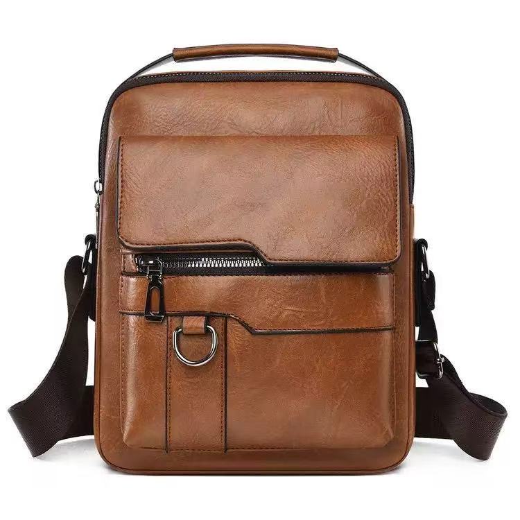 New men's genuine leather sling backpack—a high-capacity commuter bag featuring vintage street style, an adjustable strap, and durable cowhide; suitable for business travel and daily use, and a perfect gift for Father's Day.