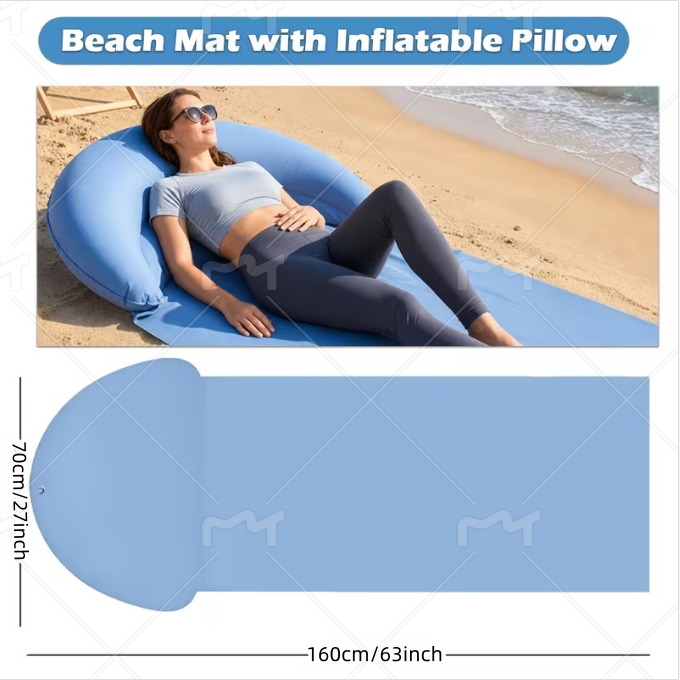 Portable Outdoor Beach Mat with Inflatable Headrest – Sand-Free, Foldable, and Moisture-Proof; Ideal for Camping, Picnics, and Sunbathing (Single-Person)