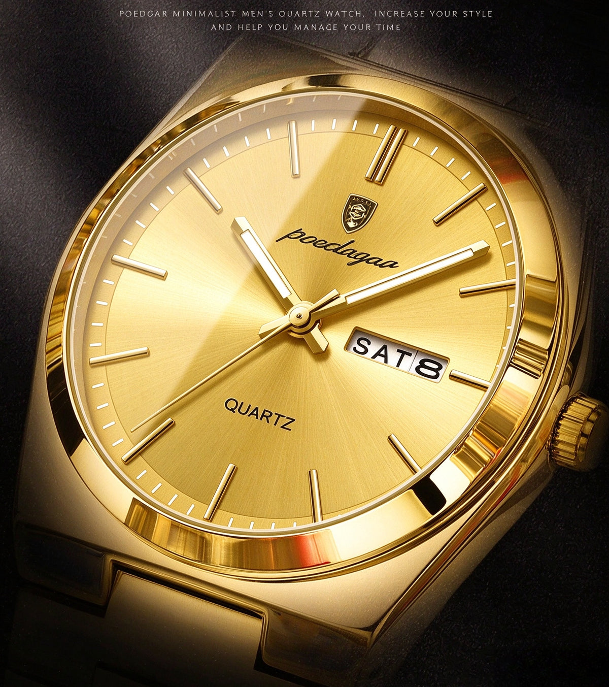 POEDAGAR SSS Gold Men's Quartz Watch, Waterproof Scratch Resistant Stainless Steel Wrist Watch with Day Date Display, Business Luxury Dress Watch for Men
