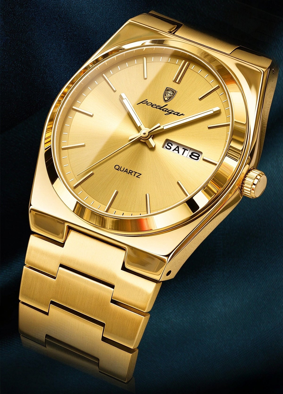 POEDAGAR SSS Gold Men's Quartz Watch, Waterproof Scratch Resistant Stainless Steel Wrist Watch with Day Date Display, Business Luxury Dress Watch for Men
