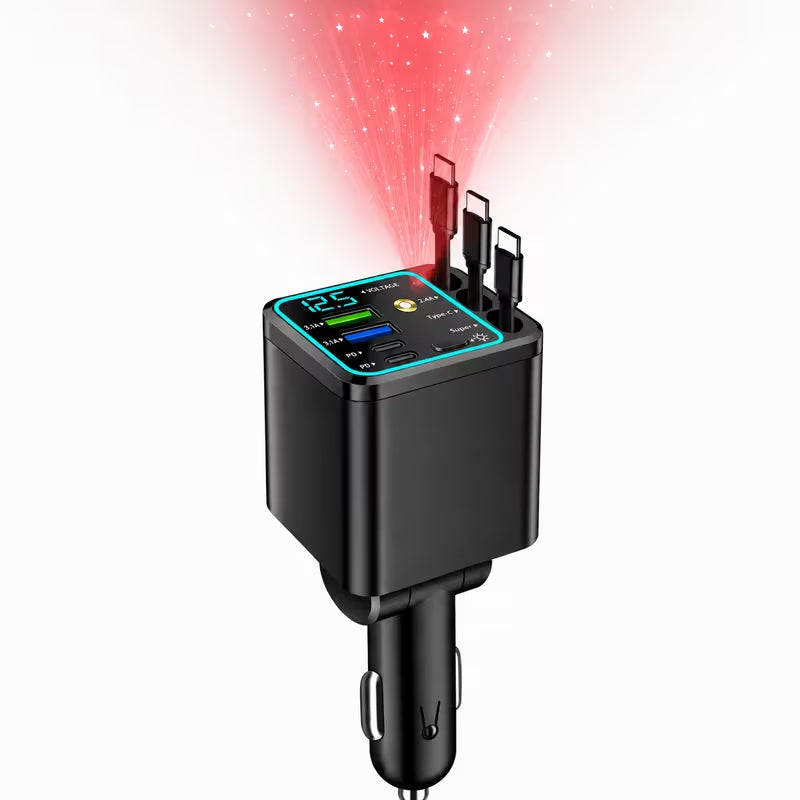 7-in-1 Retractable Fast-Charging Car Charger with Starlight-Style Design; features a 180° adjustable plug and tangle-free design; includes three retractable cables, two USB ports, and two Type-C ports; compatible with all vehicle models.
