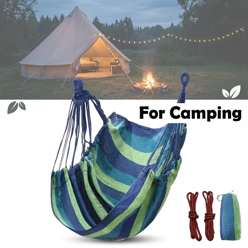 Hanging Hammock Chair, Blue Green Striped Swing Chair with Hanging Ropes & Storage Bag, Portable Outdoor Indoor Hammock for Camping, Garden, Patio