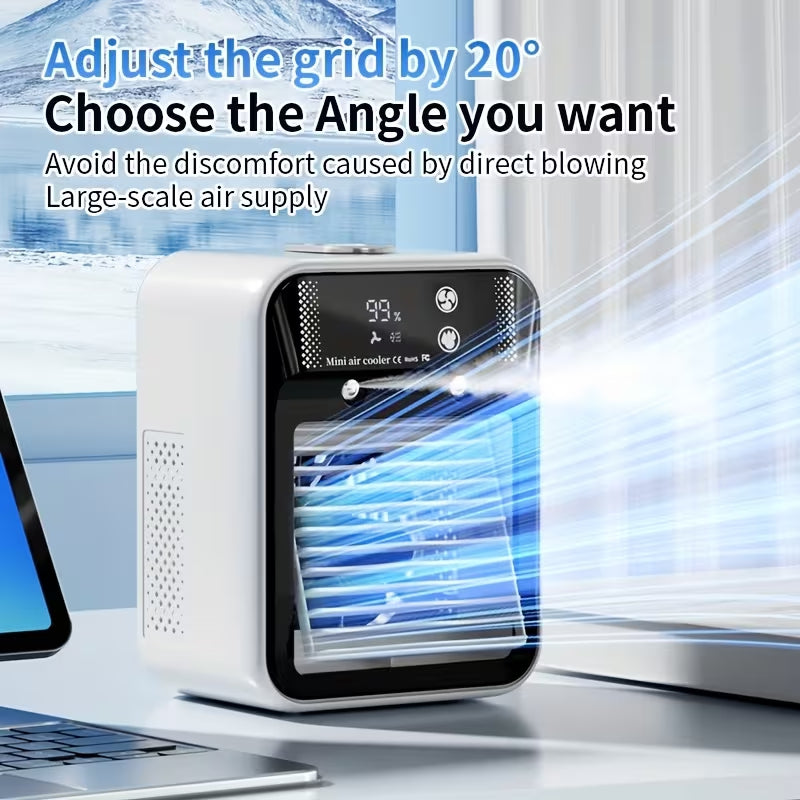 Portable cooling fan with long-lasting battery life and USB-C charging; features 2 speed settings and 2 airflow modes (direct/circulating), plus an integrated cooling function.