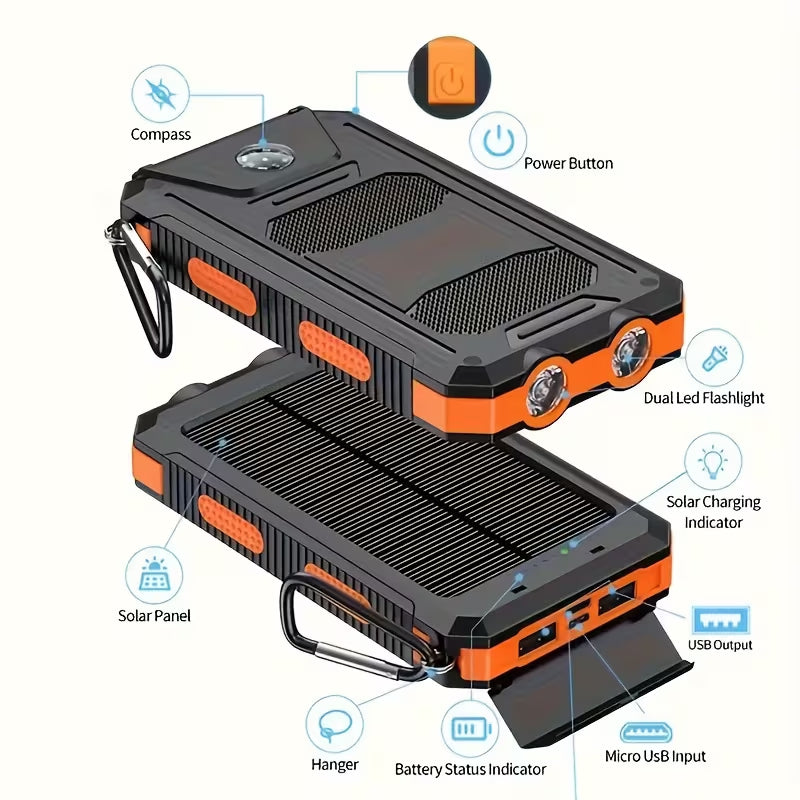 SolarPulse 4-in-1 Emergency Power Bank & LED Flashlight – Solar, Hand Crank & USB Charging, Built-in Compass