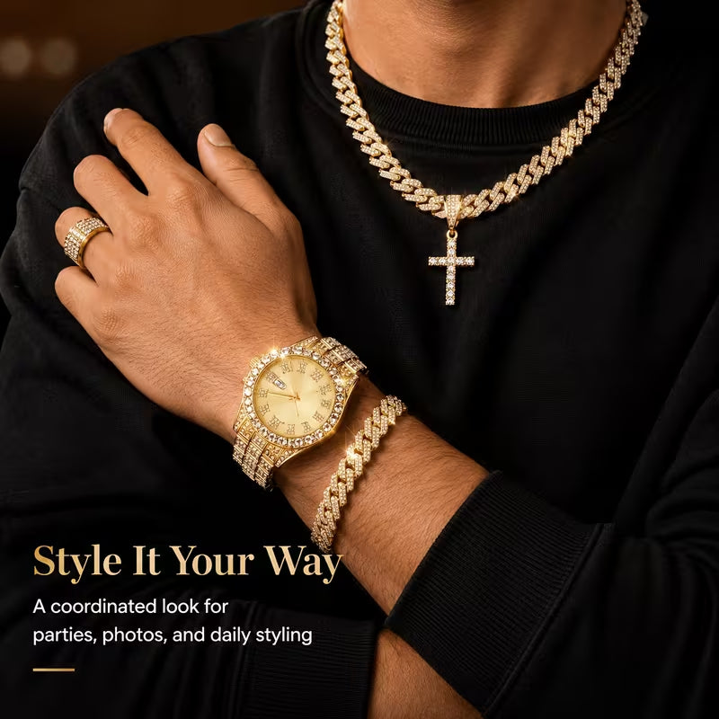Iced Out Gold Watch & Jewelry Set for Men, Hip Hop Diamond Wrist Watch, Cross Pendant Necklace, Cuban Link Bracelet & Ring, Luxury Rhinestone Full Bling Gift Set