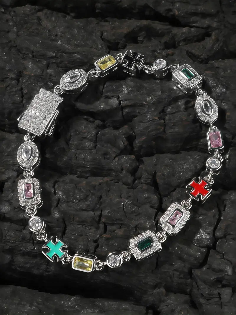 Vintage Multicolor Gemstone Cross Chain Bracelet, Silver Plated Hip Hop Stackable Statement Bracelet for Men