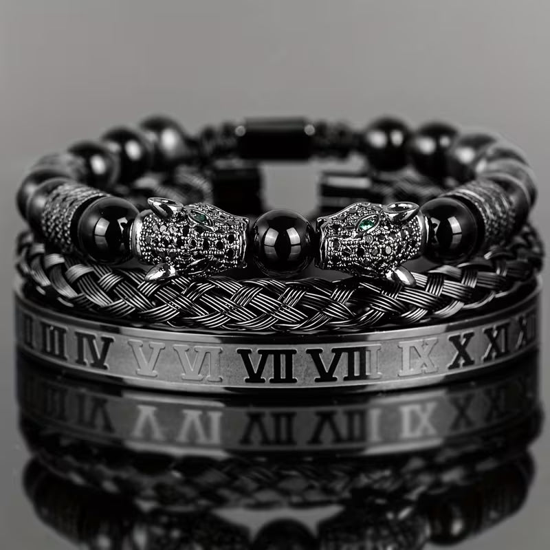 3Pcs Men’s Black Panther Bracelet Set, Roman Numeral Stainless Steel Bangle, Braided Leather & Natural Stone Beaded Bracelets, Adjustable Wrist Jewelry Gift for Men