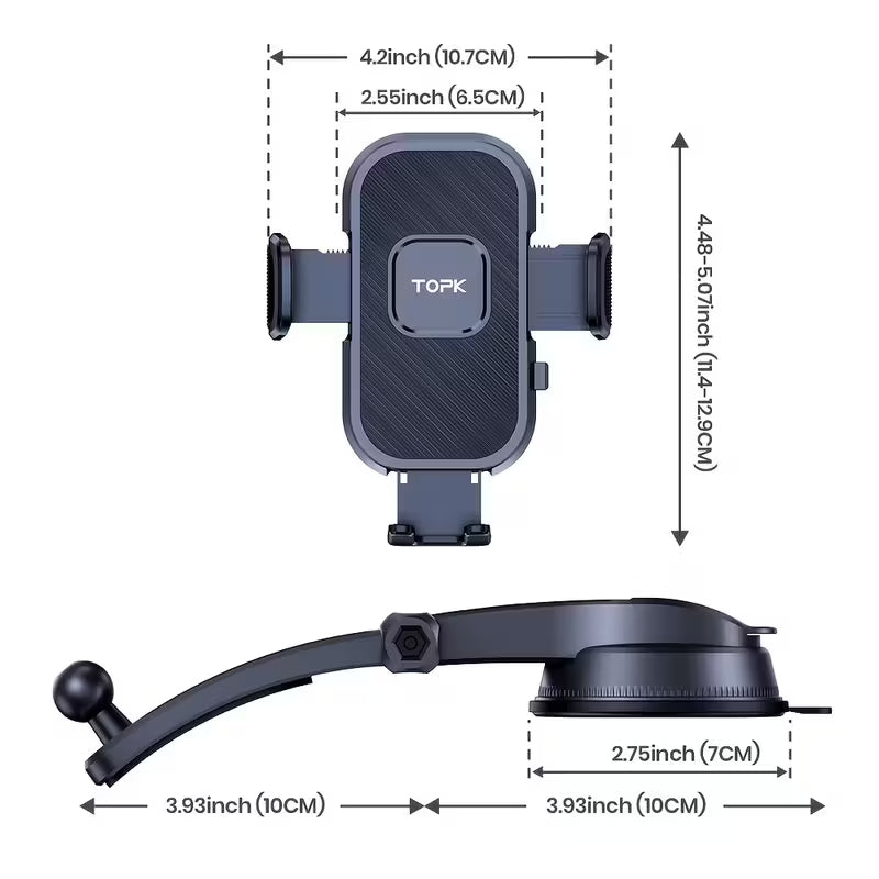 TOPK Car Phone Holder, 360° Rotation Suction Cup Mobile Phone Mount, One‑Hand Quick Release Car Smartphone Stand for Dashboard & Windshield