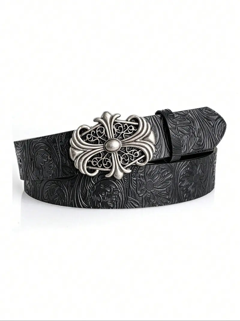 Boho-style faux leather Western-textured cowboy belt featuring a cross buckle and Gothic flair; a unisex accessory suitable for pairing with jeans and casual wear.