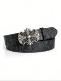 Boho-style faux leather Western-textured cowboy belt featuring a cross buckle and Gothic flair; a unisex accessory suitable for pairing with jeans and casual wear.