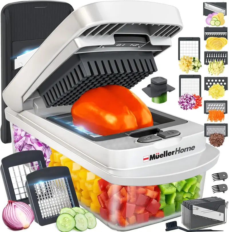 MuellerHome Vegetable Chopper, 12 in 1 Multi-functional Mandoline Slicer, Onion Dicer, Fruit Grater & Shredder with Storage Container for Kitchen