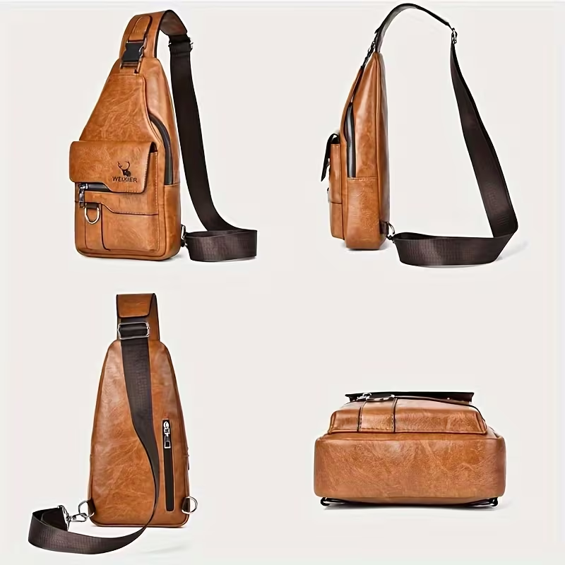 Men Vintage PU Leather Chest Bag, Large Capacity Multi-Pocket Crossbody Sling Bag for Outdoor Daily Travel