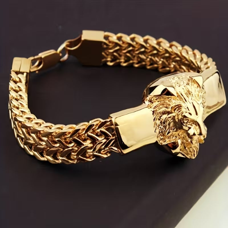 Men's Gold Plated Lion Head Statement Bracelet, Heavy Franco Chain Wrist Bangle for African Men