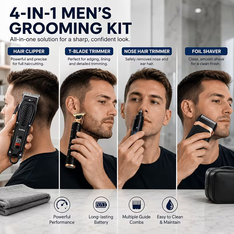 4‑in‑1 Men Grooming Kit | Cordless Hair Clipper, T‑Blade Trimmer, Foil Shaver & Nose Hair Trimmer, Rechargeable USB Electric Beard Hair Cutting Set for Men