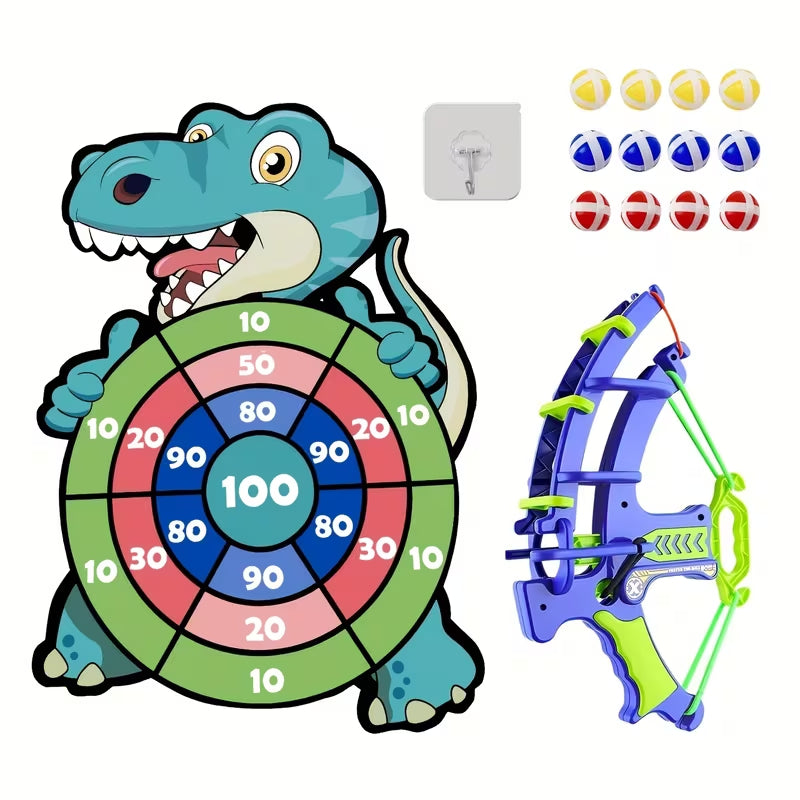 Dinosaur Dart Board Game for Kids, Bow and Arrow Shooting Toy Set with Sticky Balls, Indoor Outdoor Throwing Target Game