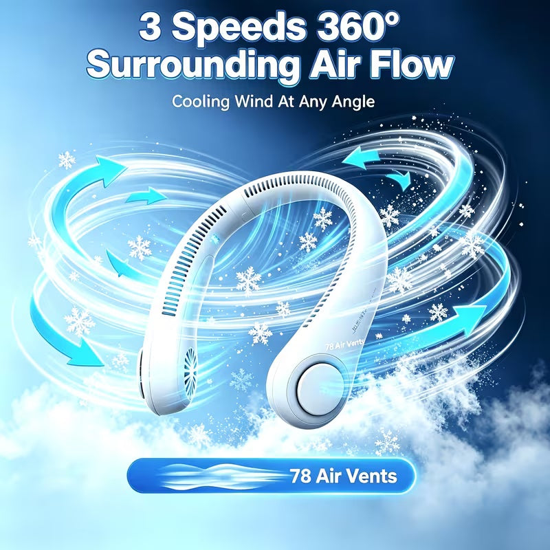 ISULIFE Portable Neck Fan – Hands-Free 360° Cooling Bladeless Fan