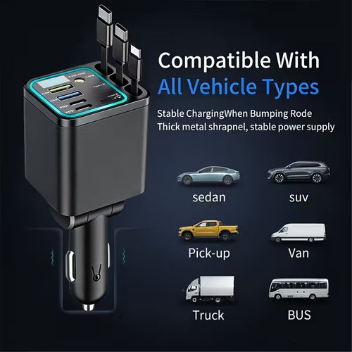 7-in-1 Retractable Fast-Charging Car Charger with Starlight-Style Design; features a 180° adjustable plug and tangle-free design; includes three retractable cables, two USB ports, and two Type-C ports; compatible with all vehicle models.