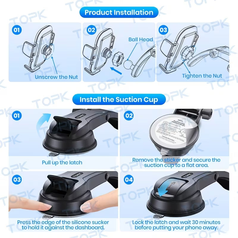 TOPK Car Phone Holder, 360° Rotation Suction Cup Mobile Phone Mount, One‑Hand Quick Release Car Smartphone Stand for Dashboard & Windshield