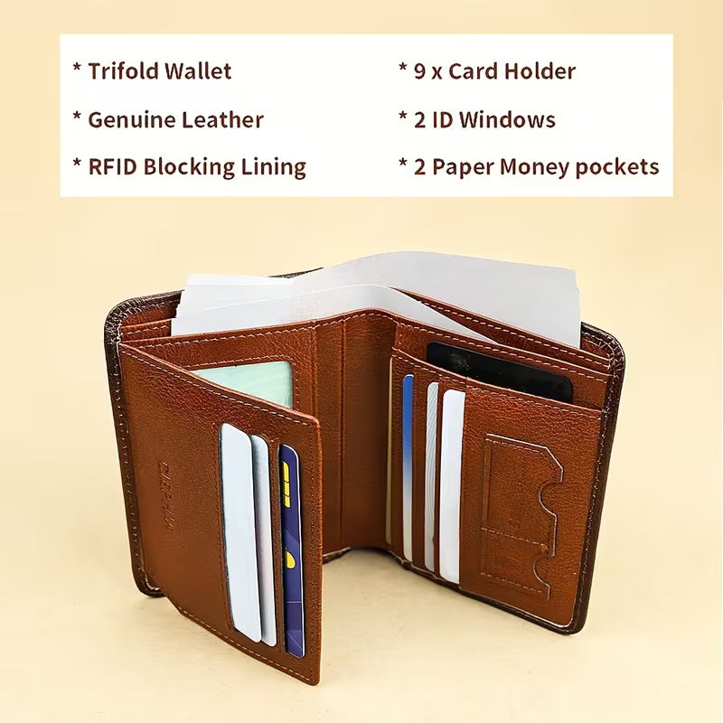 CIEPHA Premium Genuine Cowhide Leather Trifold Wallet – RFID Blocking, 9 Card Slots, 2 ID Windows & Cash Pockets (Brown)