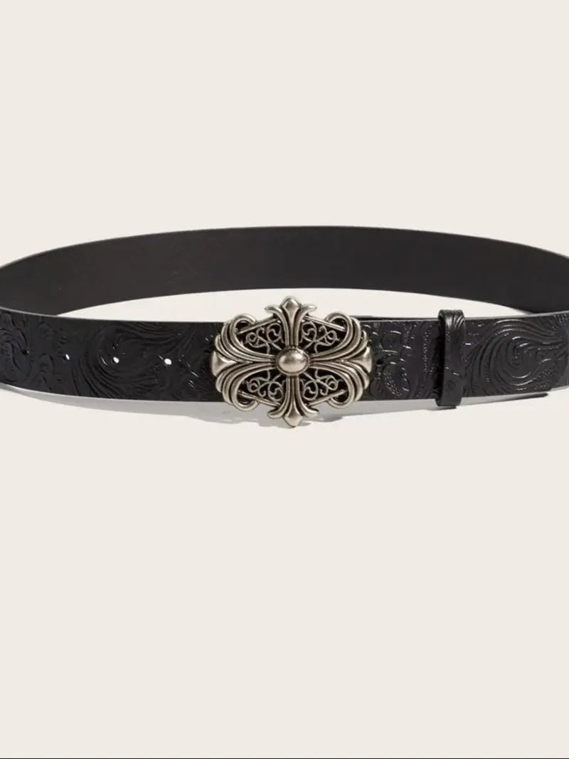 Boho-style faux leather Western-textured cowboy belt featuring a cross buckle and Gothic flair; a unisex accessory suitable for pairing with jeans and casual wear.
